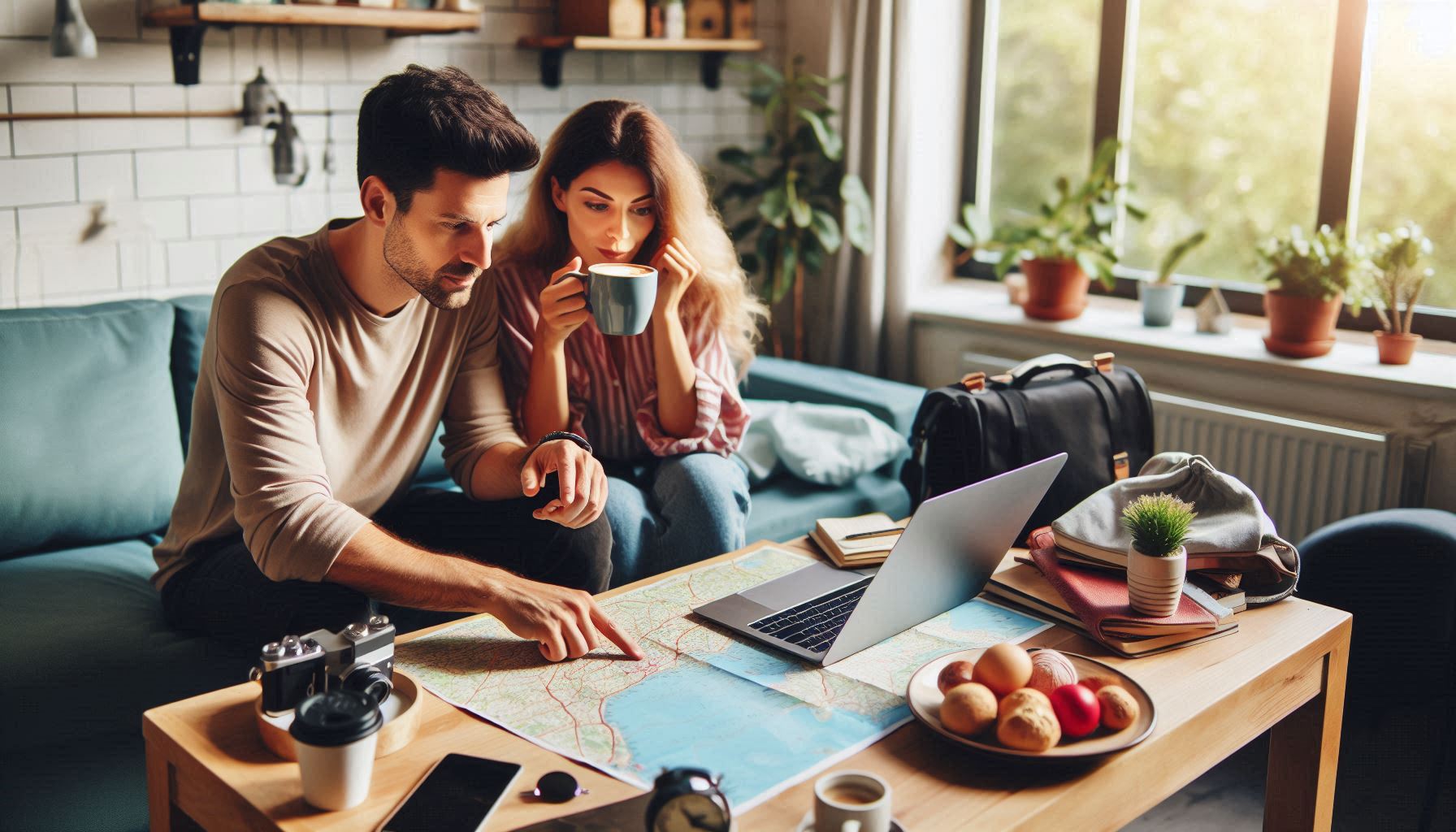 A couple planning their road trip route using physical maps and laptop while enjoying coffee and snacks, demonstrating the importance of thorough trip preparation and bringing refreshments for the journey.