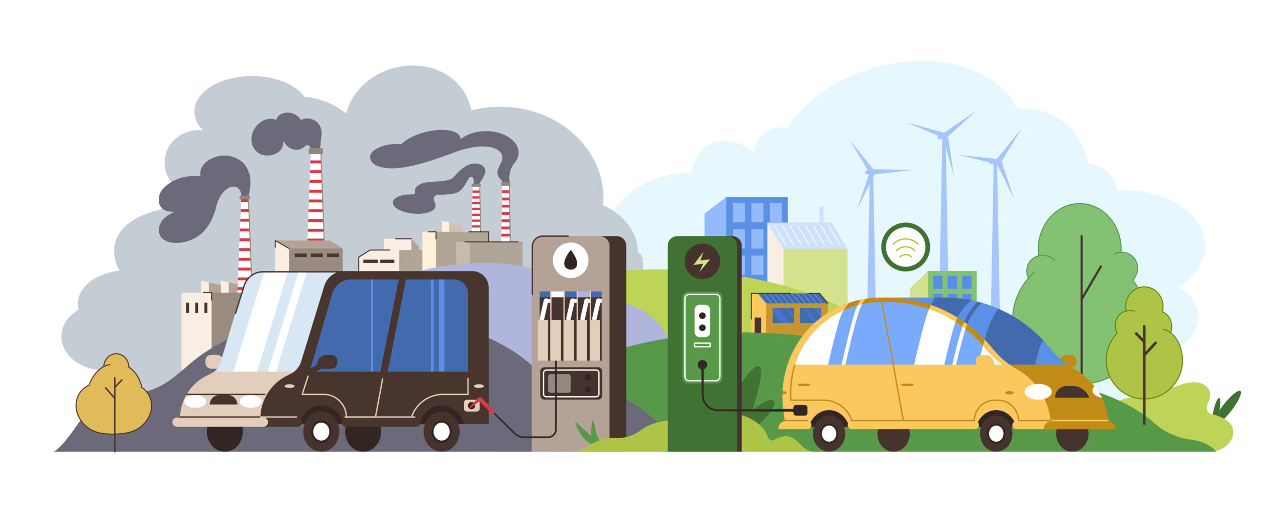 Illustration comparing electric and gasoline cars: on the left, a gasoline car is shown with a gas station, industrial buildings, and smoke-filled skies, representing pollution; on the right, an electric car is shown with a charging station, green buildings, wind turbines, and trees, symbolizing eco-friendliness.