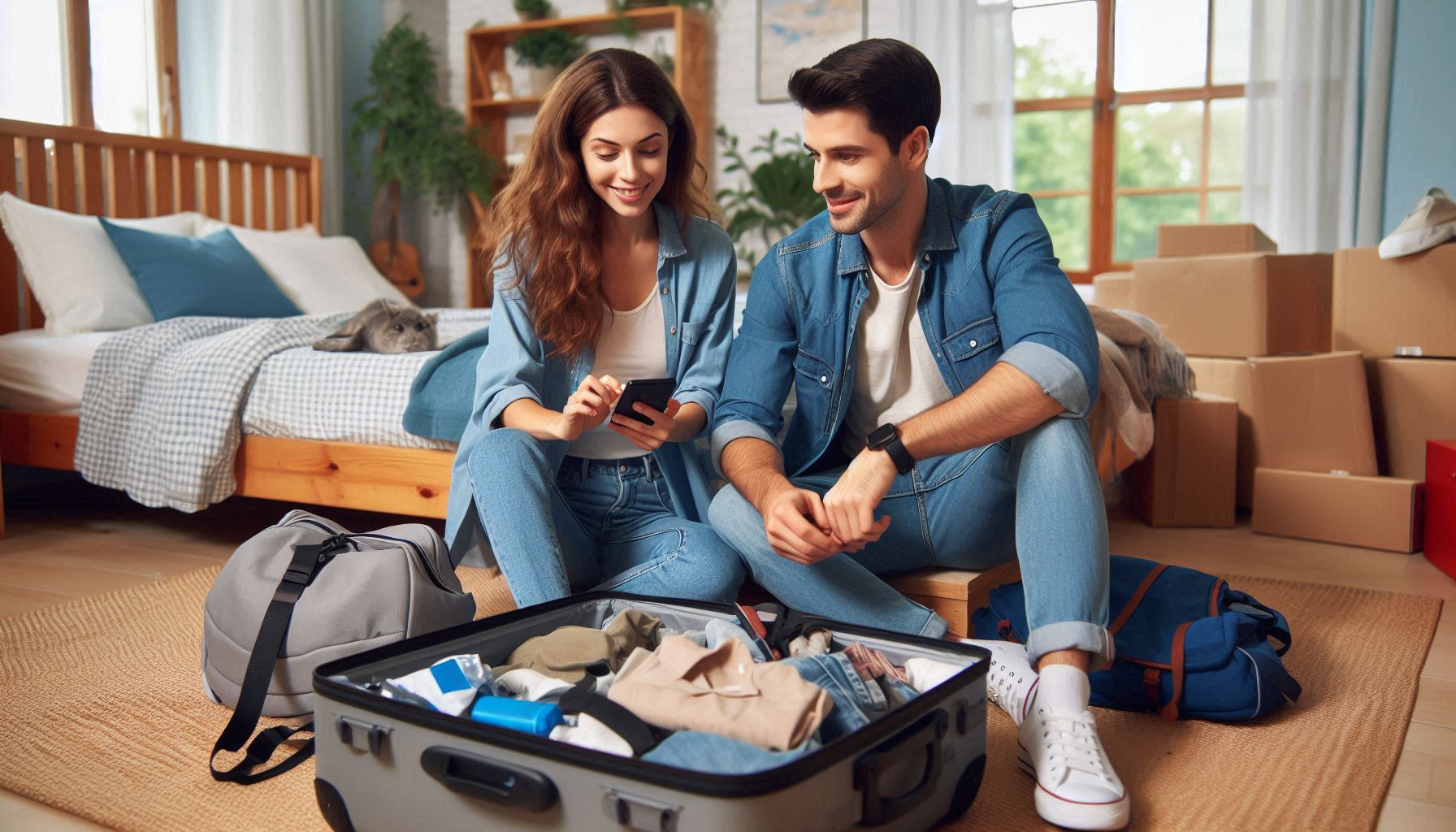 A couple in matching denim outfits sitting on a bedroom floor beside an open suitcase, looking at their phones while packing. Moving boxes and travel bags are scattered around, and there's a pet rabbit visible on the bed, demonstrating the importance of organized packing for extended trips.