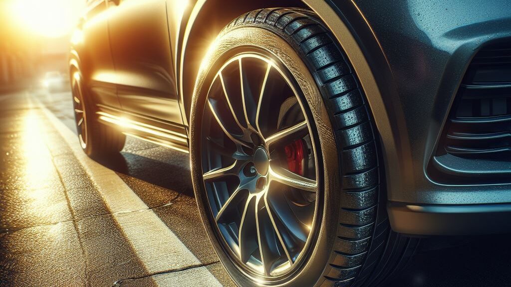 Close-up of a luxury vehicle's wheel and tire in golden sunlight, showcasing a high-performance run-flat tire mounted on an alloy wheel, highlighting the premium safety features and engineering.