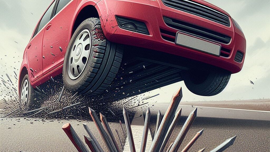 Artistic illustration of a red car jumping over a hazardous spike strip, demonstrating a key benefit of run-flat tires - the ability to continue driving safely even after encountering road hazards or punctures.