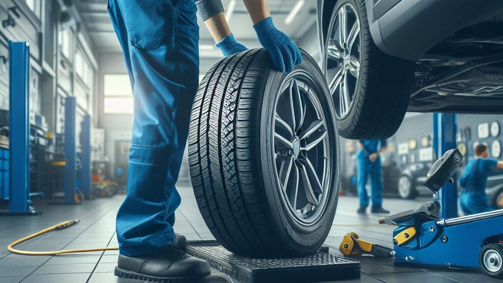 A picture of a technician in a blue work uniform standing in an auto repair shop, holding a large black tire that appears to be low-profile. Various tools and equipment can be seen in the background.