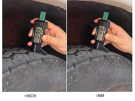 Two images side by side, one showing a tire tread depth gauge measuring "INCH" and the other measuring "MM", indicating the importance of checking tire tread depth.