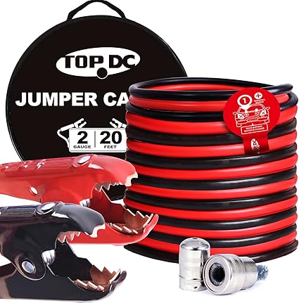 Image of a jumper cable kit, including the cables, clamps, and a carrying case. The kit is labeled "TOP DC JUMPER CABLE" and is a  product designed for jump starting cars.