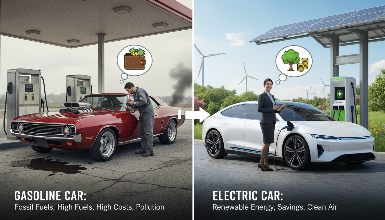 Side-by-side comparison of a gasoline car and an electric car. On the left, a man refuels a red gasoline car at a traditional gas station, with smoke pollution in the background and a thought bubble showing a wallet full of money, symbolizing high fuel and maintenance costs. The caption reads: "GASOLINE CAR: Fossil Fuels, High Fuels, High Costs, Pollution." On the right, a woman charges a white electric car at a modern solar-powered station, with wind turbines and greenery in the background. Her thought bubble shows a tree and coins, representing environmental benefits and financial savings. The caption reads: "ELECTRIC CAR: Renewable Energy, Savings, Clean Air.