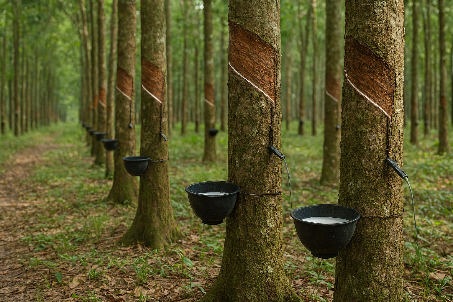 Rubber trees in a row inside their habitat. There are vessels attached to the trees and pipes that are extracting the latex out of them.