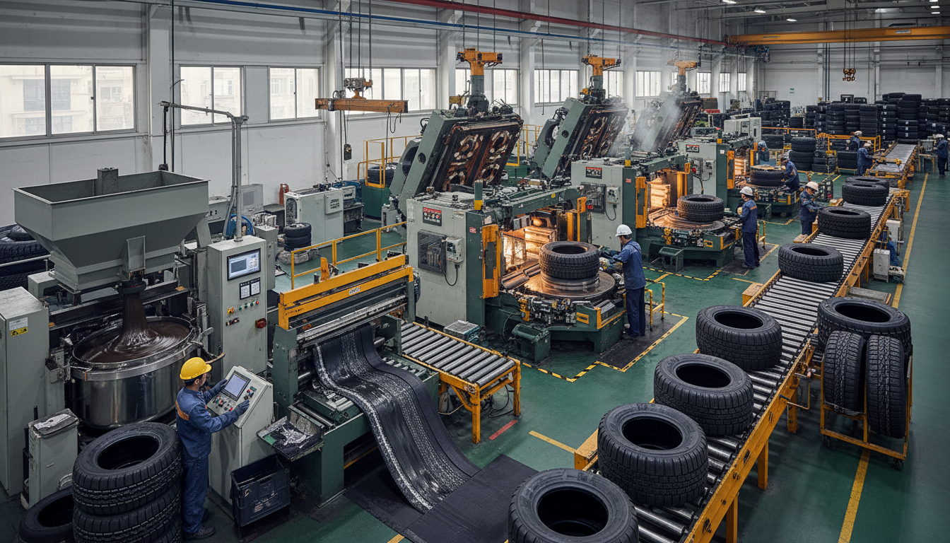 A modern tire factory floor showing the step‑by‑step manufacturing process: raw rubber being mixed in large industrial mixers, sheets of rubber and fabric cut into precise shapes, and workers operating a tire‑building machine that layers rubber, steel belts, and fabric into a cylindrical form. In the background, curing presses mold tread patterns onto the tires, while finished tires roll off the production line. The scene emphasizes machinery, precision, and the transformation from raw materials to completed tires.