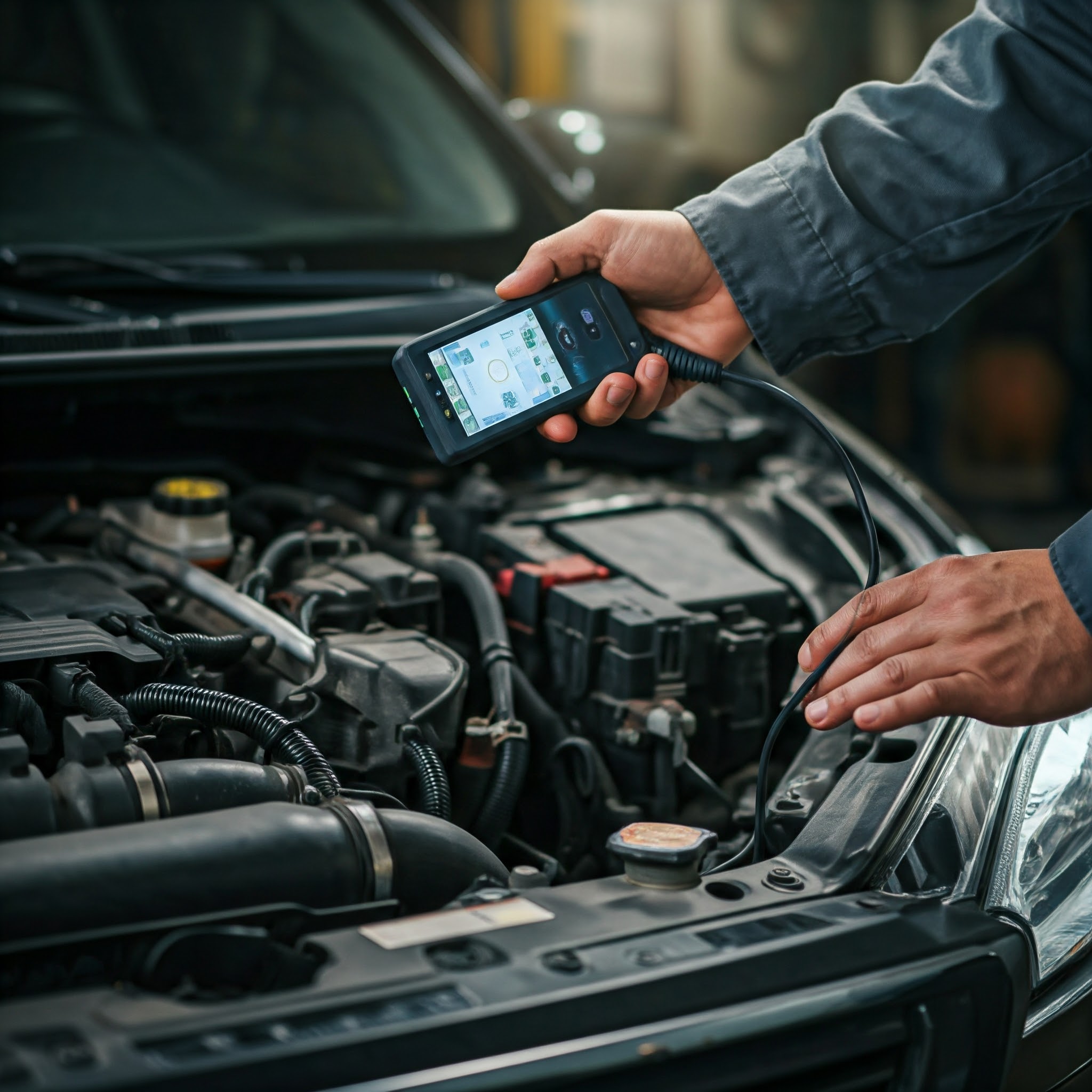 A mechanic using an advanced diagnostic tool to inspect the engine of a car, aiming to identify issues such as why the engine revs up and down while idling. The open hood and visible engine components emphasize the troubleshooting process.