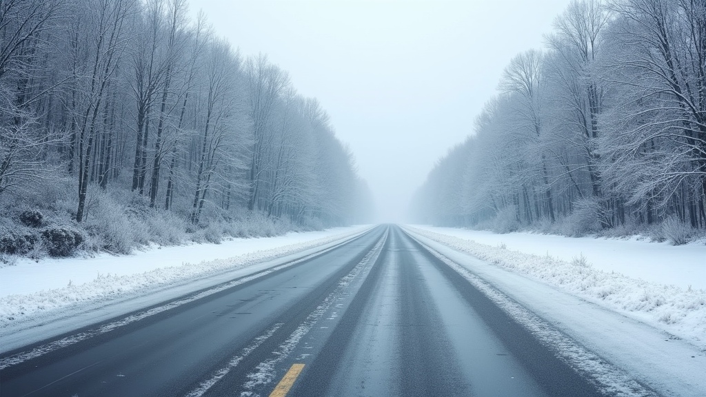 A snowy road covered in black ice. It seems that the road is in the middle of a forest, as a lot of trees can be seen in the background.