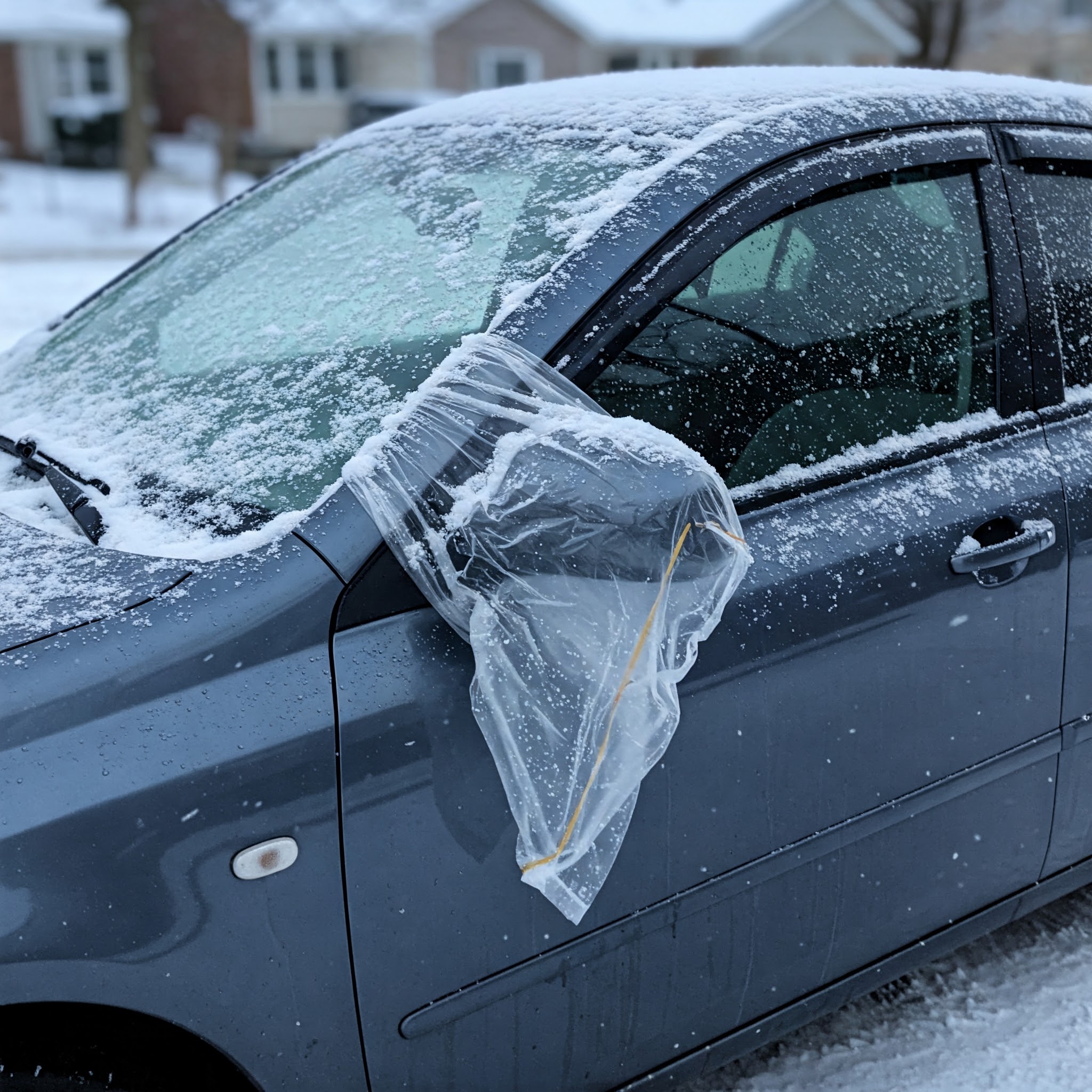 A car's side mirror covered with a plastic bag during winter weather. The dark-colored car is dusted with snow, and the background shows snow-covered suburban houses. The plastic bag appears to be secured around the mirror, likely to protect it from ice and snow accumulation.