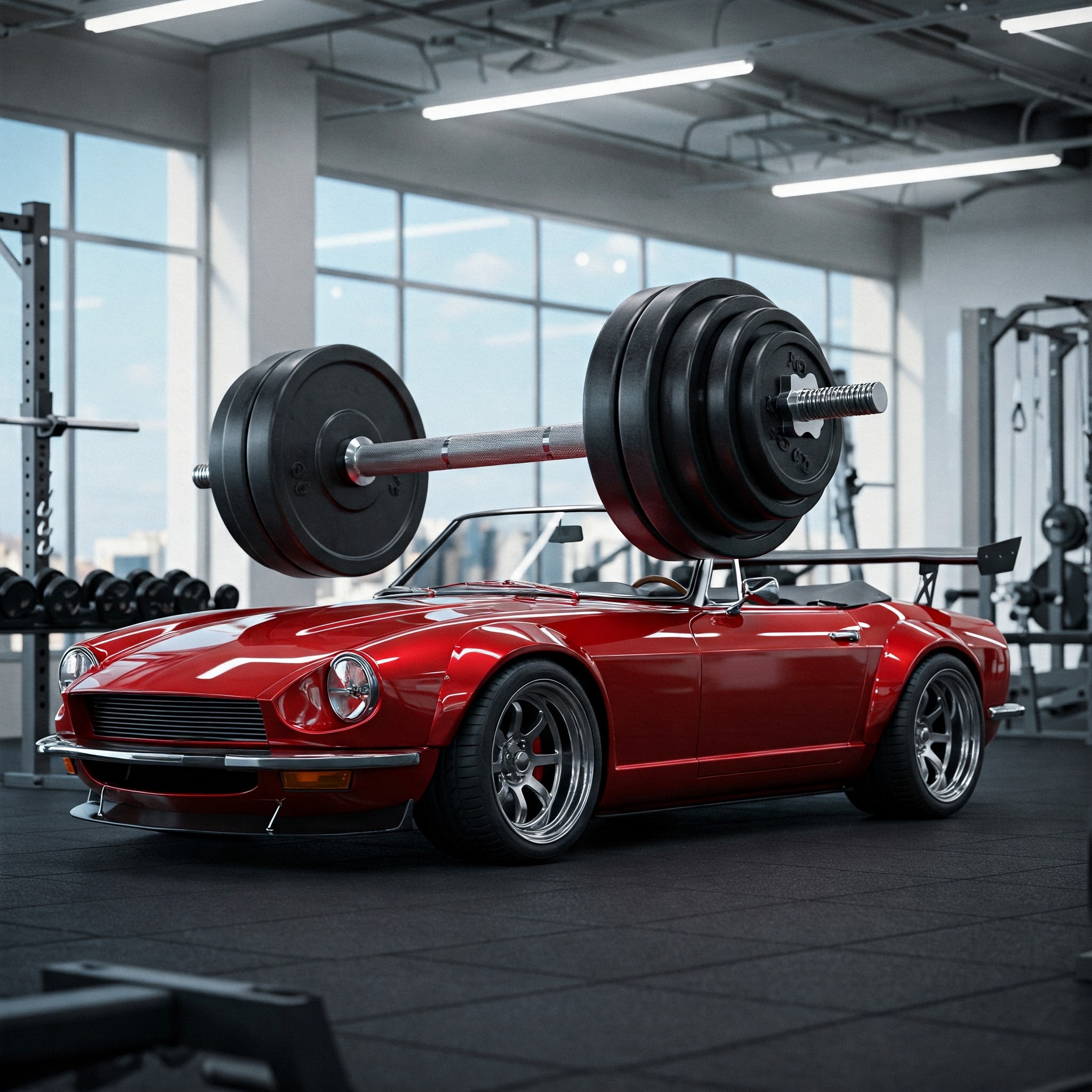 A vintage red cabriolet car with a big spoiler inside a gym, lifting heavy weights. Various gym equipment can be seen in the background.