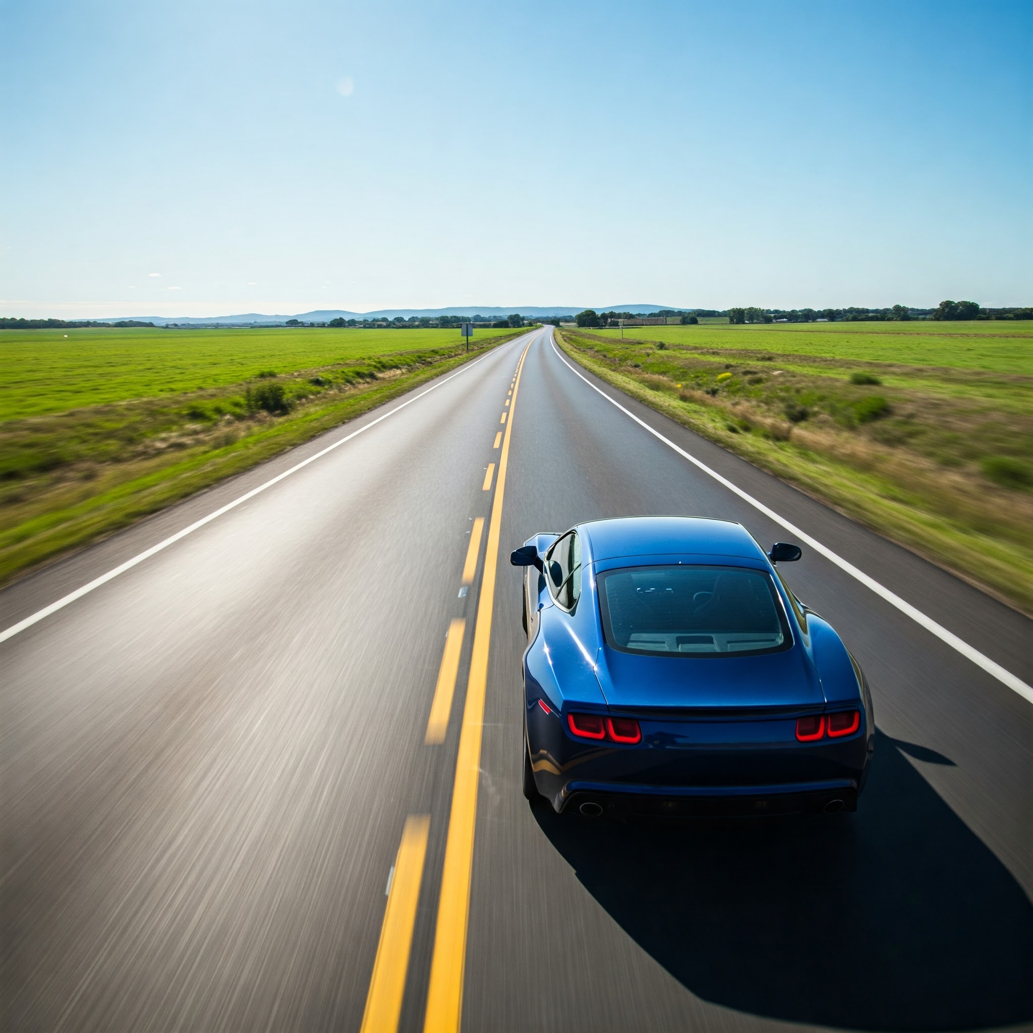 A blue modern car driving smoothly on a well-maintained road outside the city. The weather is sunny and everywhere around the road is green.