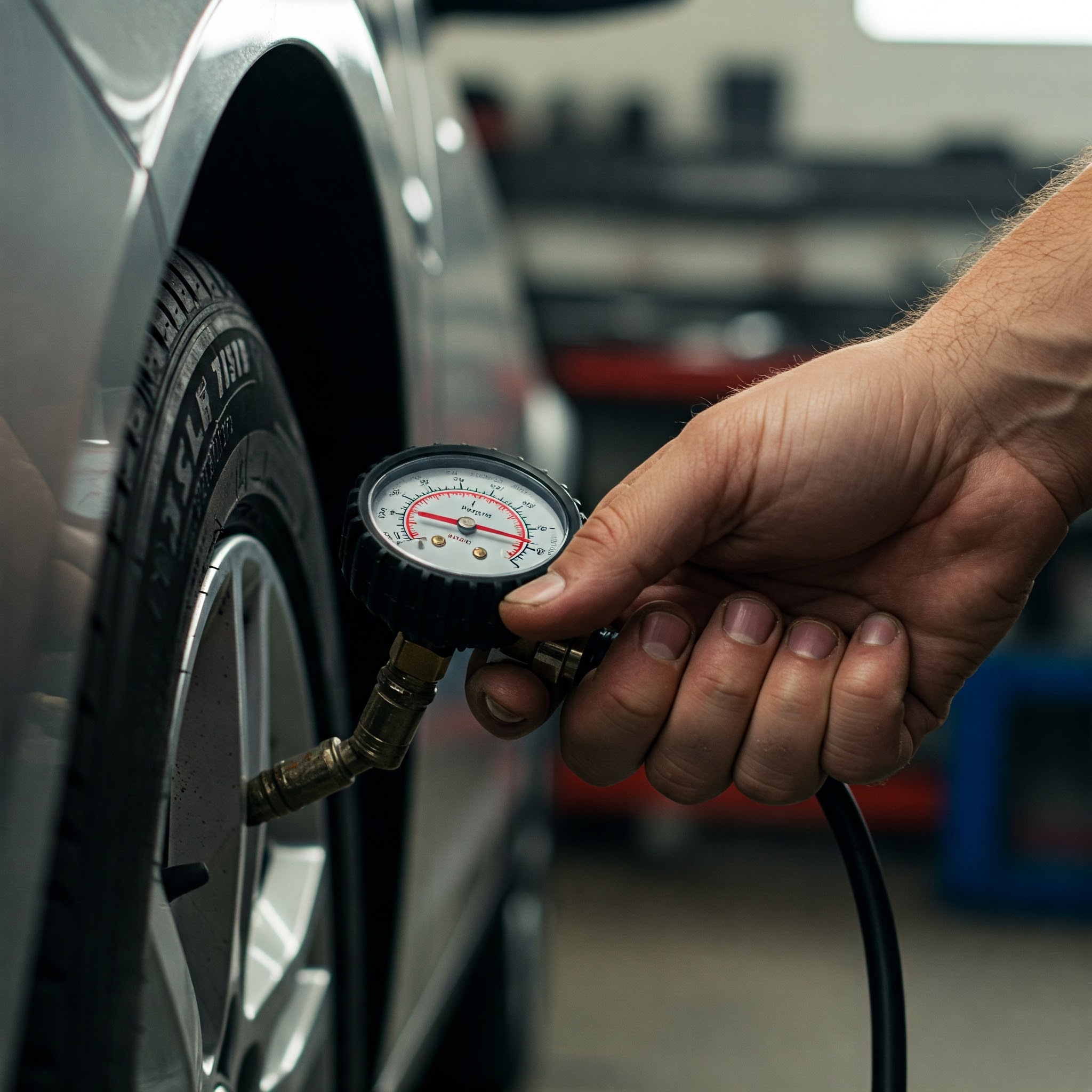 A hand holding a tire pressure gauge measuring the tire pressure of a tire. 