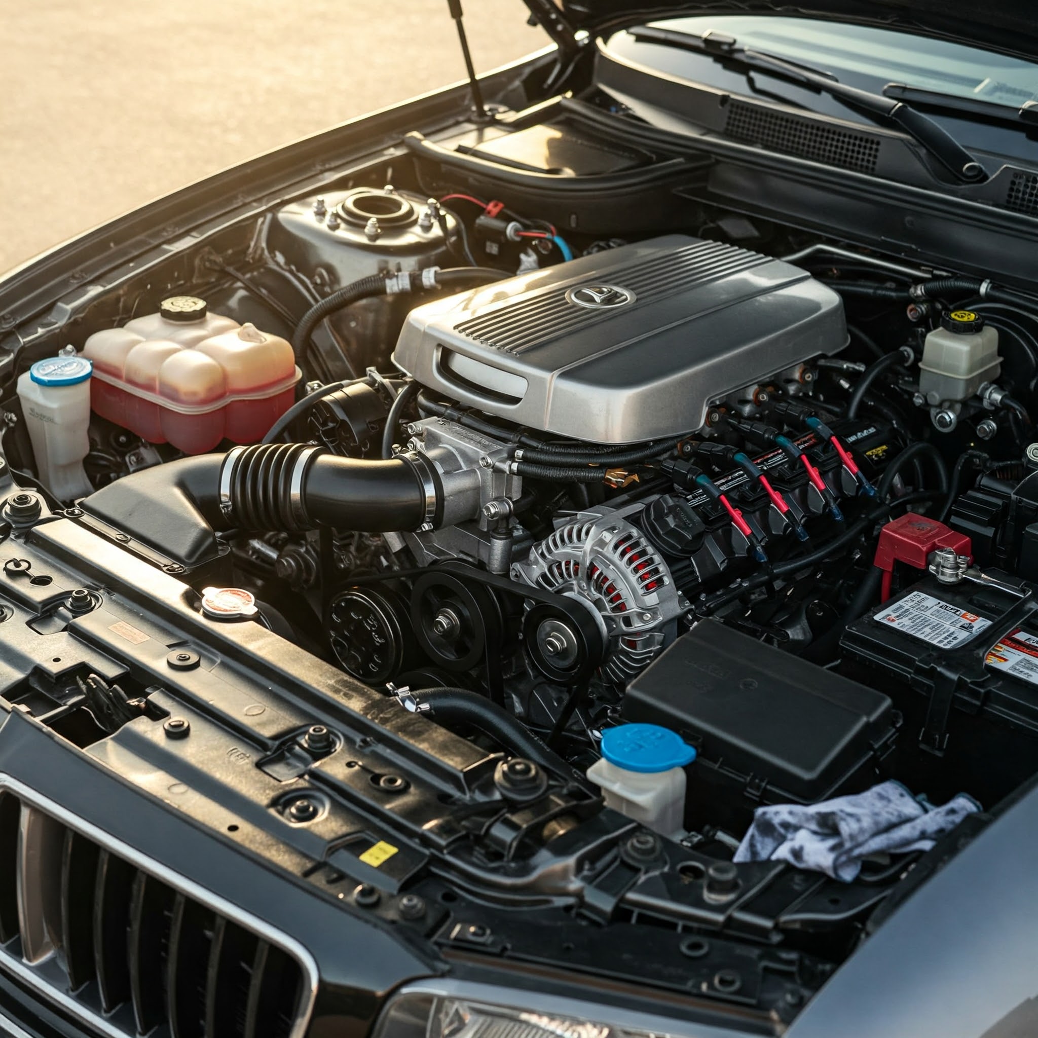 A car with an open hood on a sunny day, with the engine and all components visibly in a good state. Representing the engine is well-maintained. 