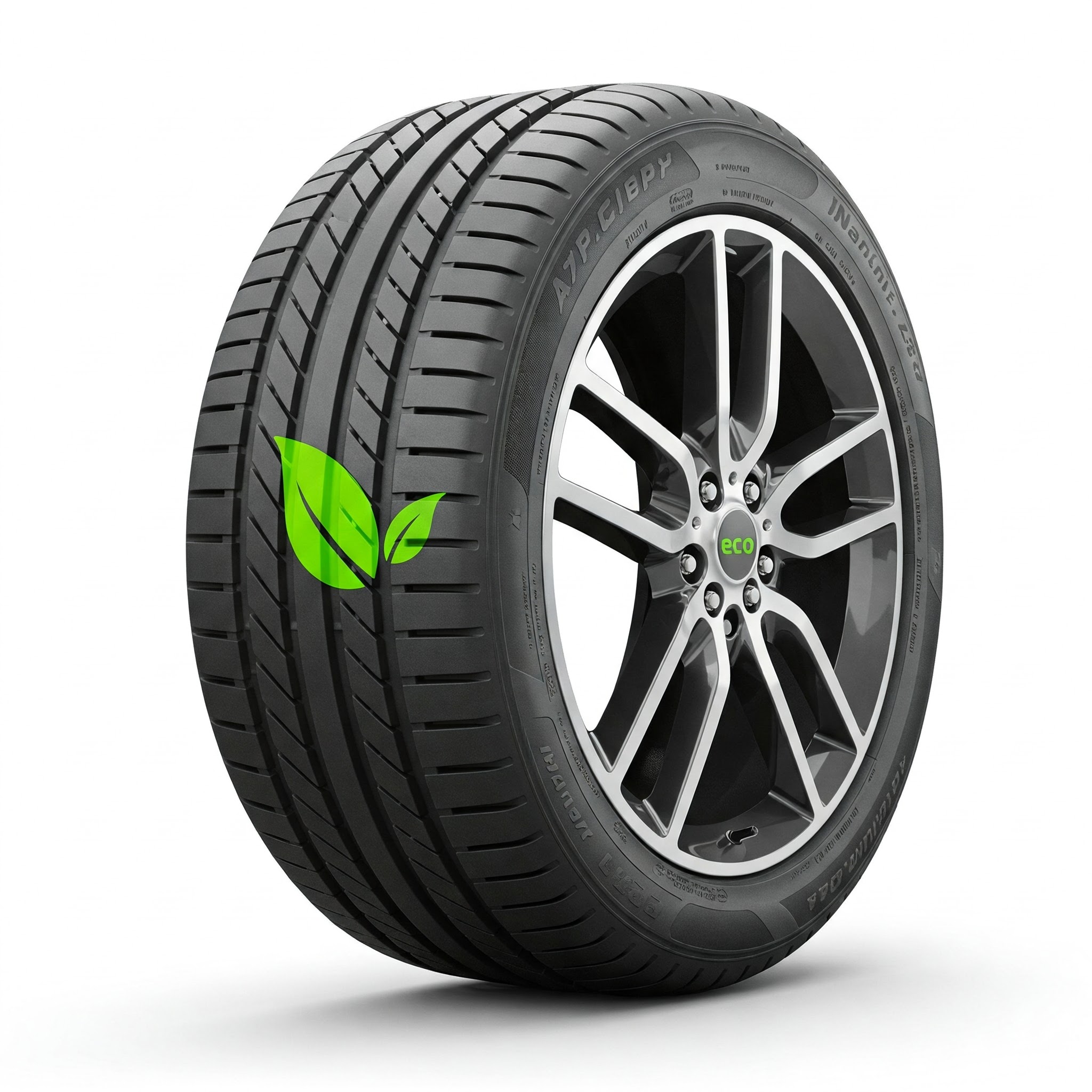 An image of a fuel-efficient tire with a green leaf symbol, emphasizing eco-friendly design, on a clean white background.