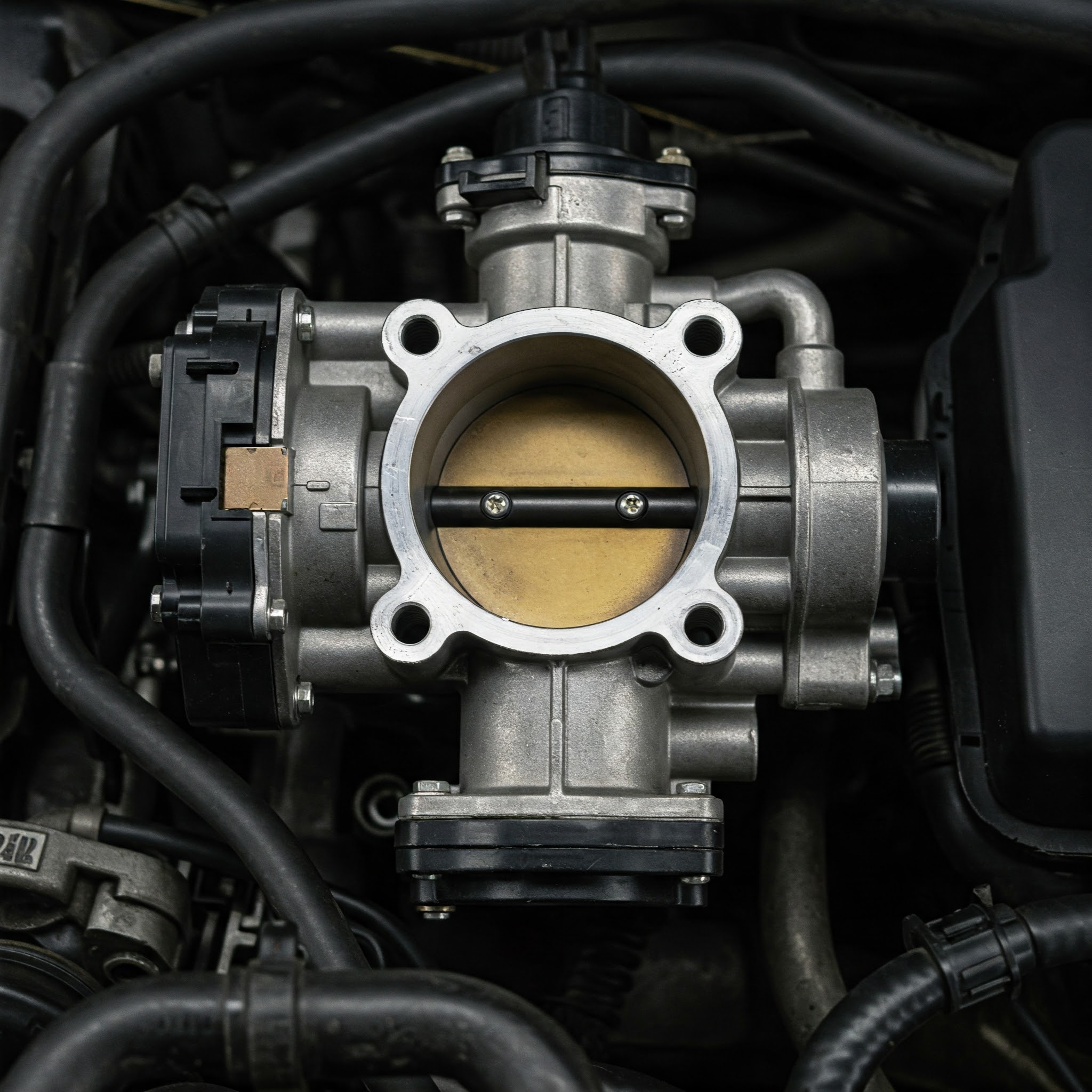 A close-up view of a clean throttle body inside an engine bay. The throttle body, a crucial component in managing airflow to the engine, is surrounded by various hoses and sensors. Maintaining the throttle body can help resolve issues like high engine revs when starting.