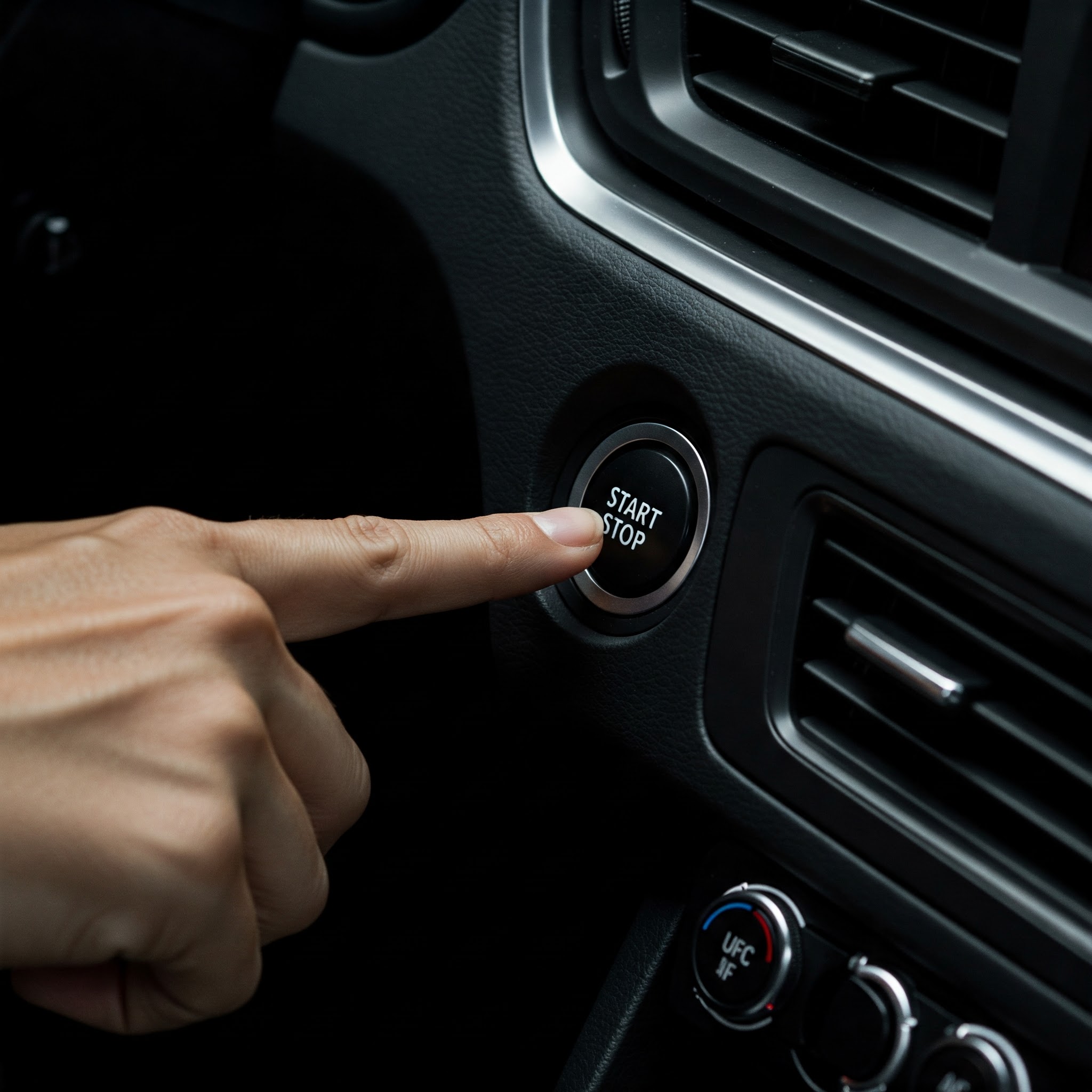 The interior of a modern car with a star/stop button. A finger is just about to press the button to start or stop the engine. 