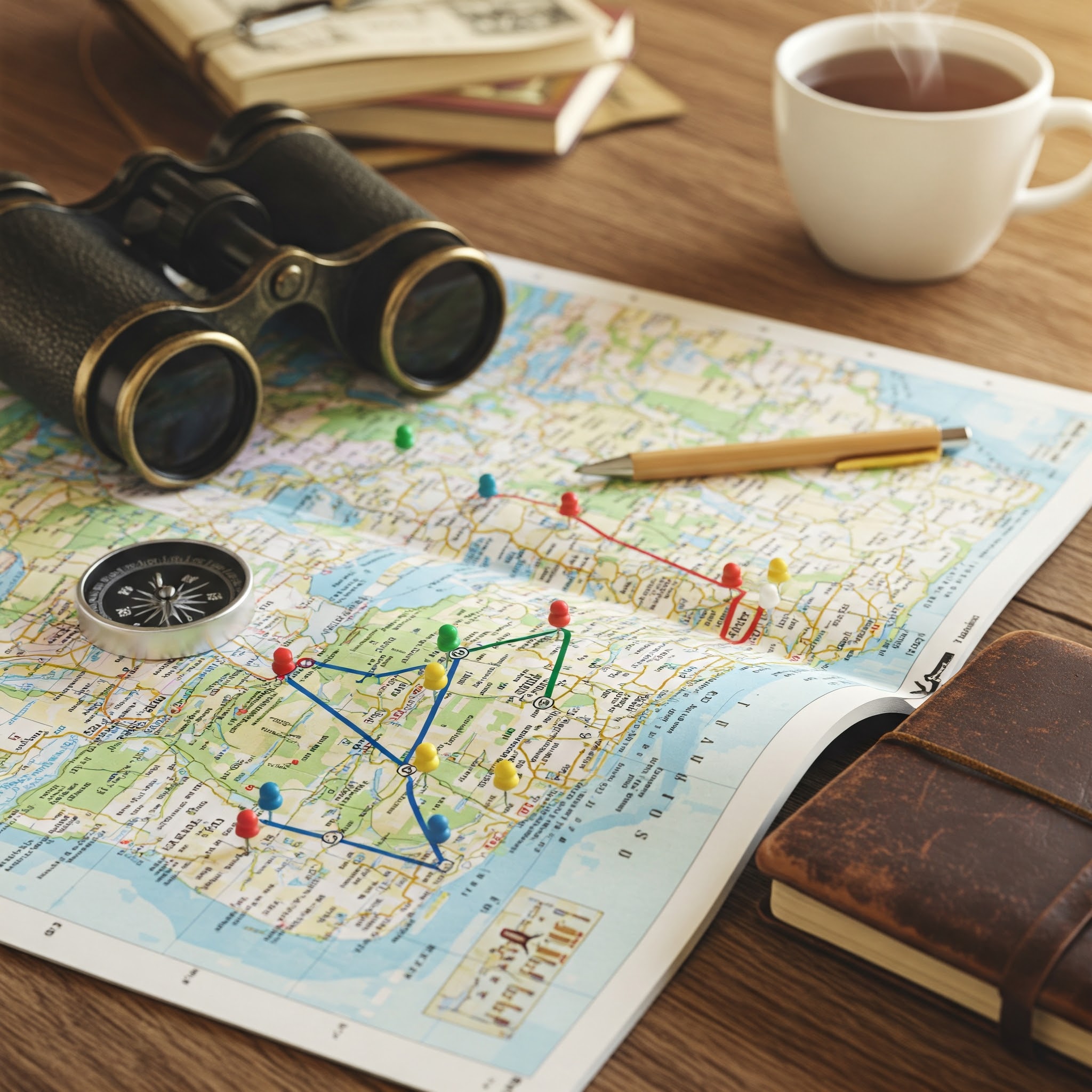 A brown wooden table. A map with pins, a leather notebook, a compass, a pen, binoculars, books and a cup of tea can be seen on top of it.