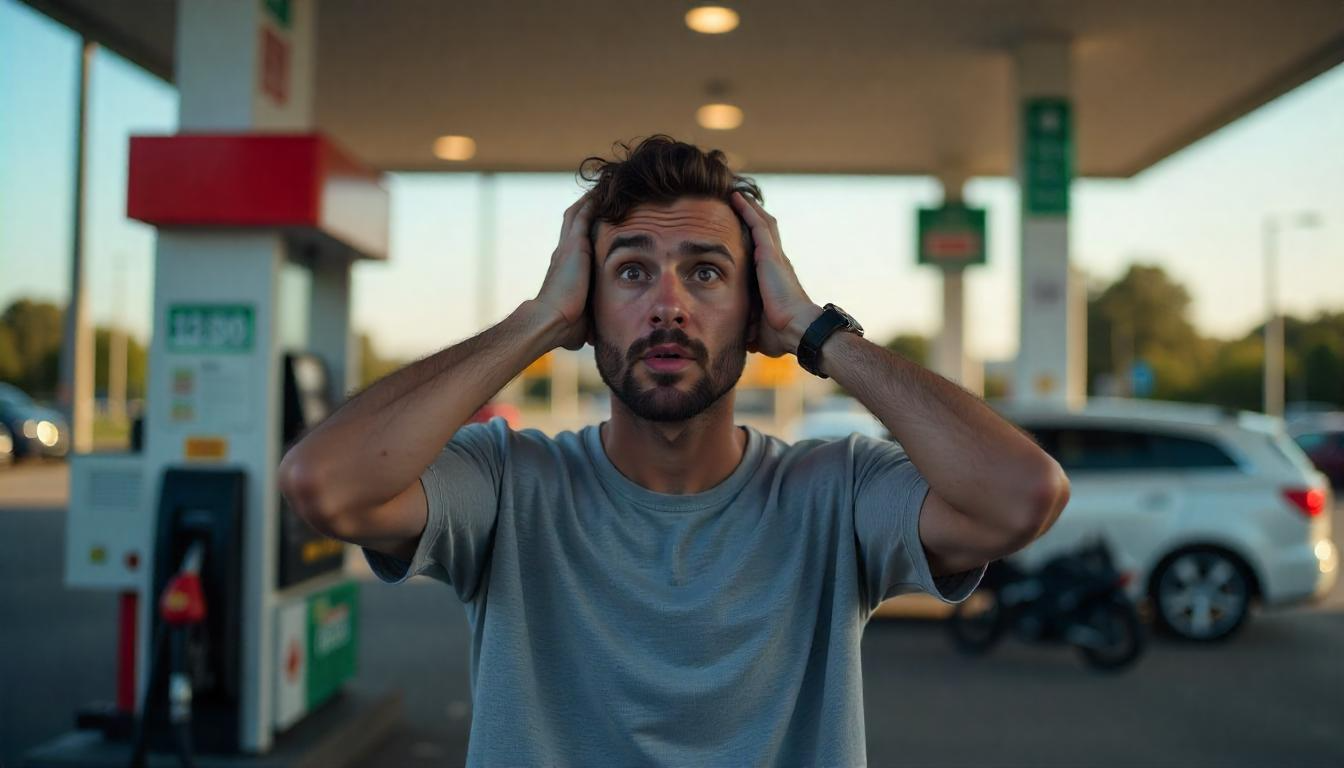 Frustrated young man holding his head at gas station, expressing stress over high fuel prices. He has to learn how to reduce fuel costs and save money at the pump.