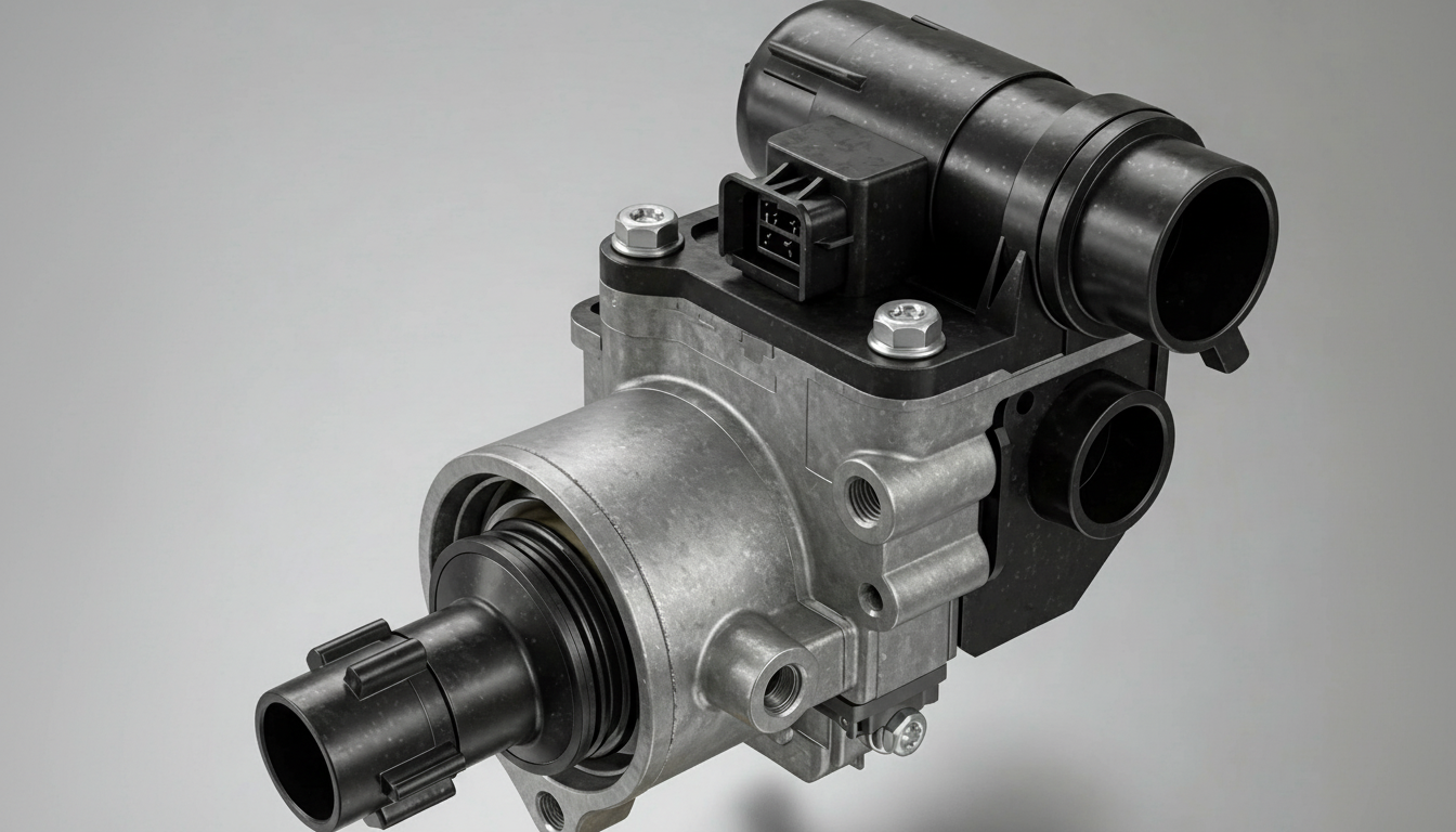 An image of a Idle Air Control Valve, part of a car's engine. It plays a role in how the engine runs, including at startup.  Issues with this valve can sometimes cause issues with the engine revs high when started. 