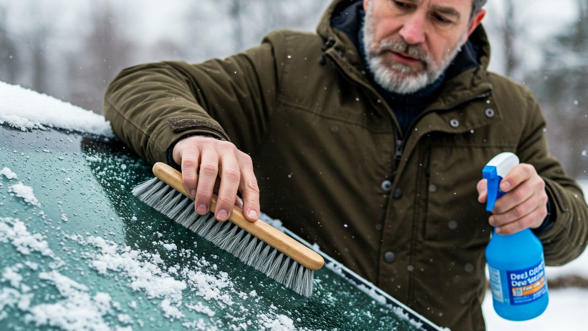 A man in a winter coat using a brush and a spray de-icer to remove snow and ice from his car windshield on a cold, snowy day.