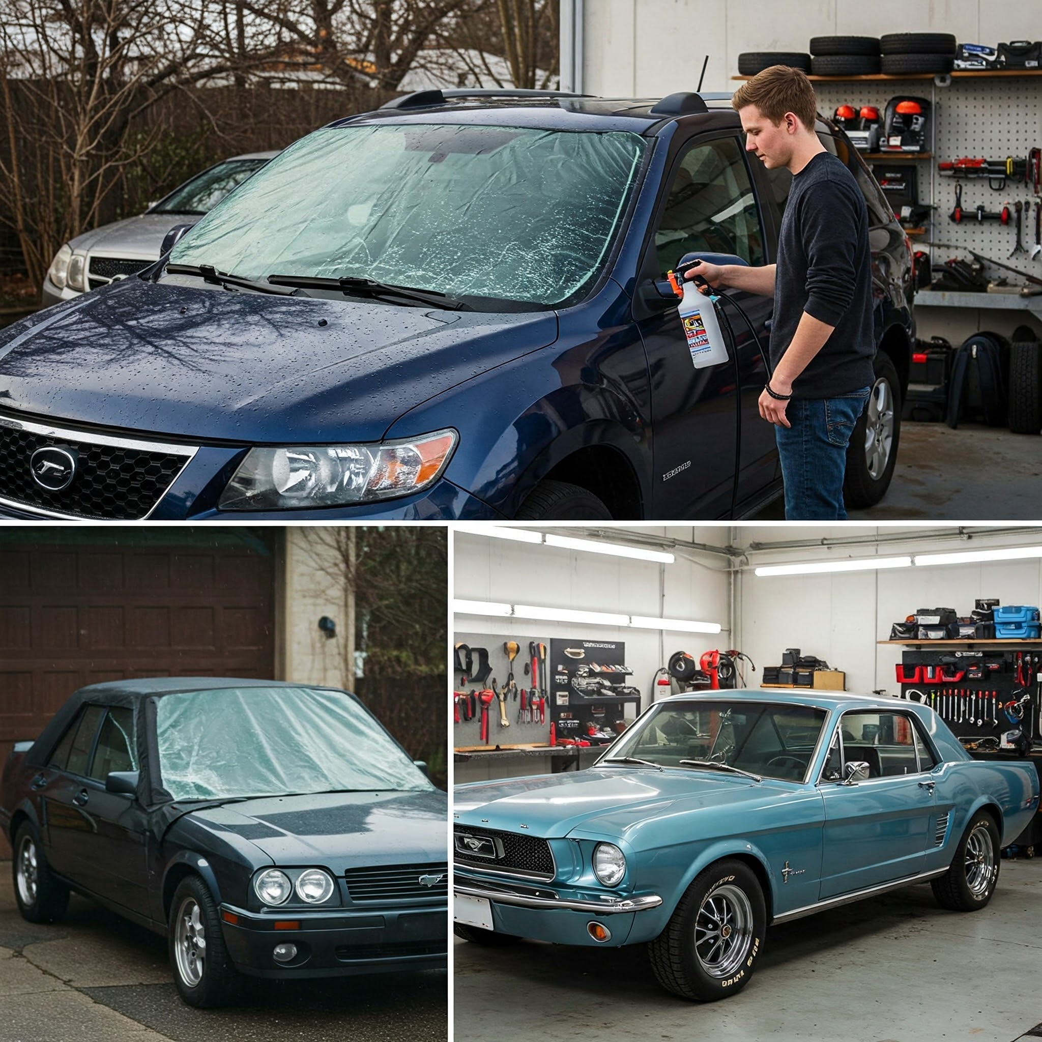 A set of three images showing different methods of preventing and removing ice from a windshield. The top image features a man spraying a de-icer on an SUV’s windshield. The bottom left shows a parked car with a windshield cover to prevent frost buildup. The bottom right captures a classic blue Mustang in a garage.