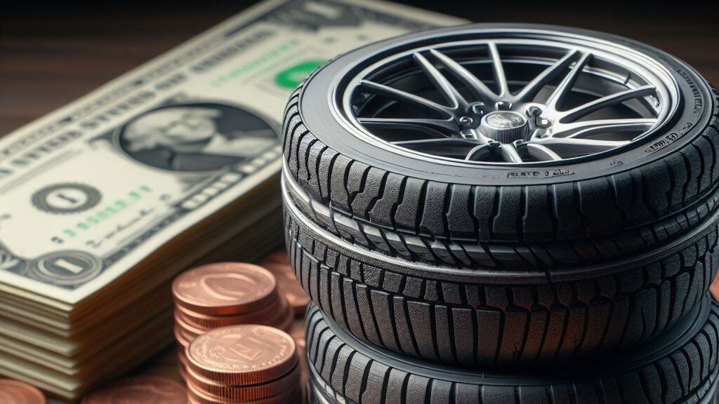 An image of stacks of coins and dollar bills scattered on a wooden surface, with two large car tires in the foreground. The tires have a distinctive design with a dark finish, hinting at the potential cost or investment required for high-quality, or cheap low-profile tires.
