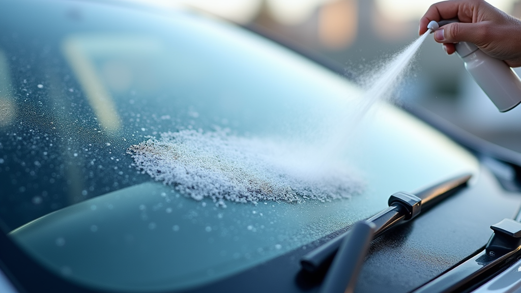 A close-up of a car windshield with frost being sprayed with a de-icer solution from a small bottle, quickly melting the ice.