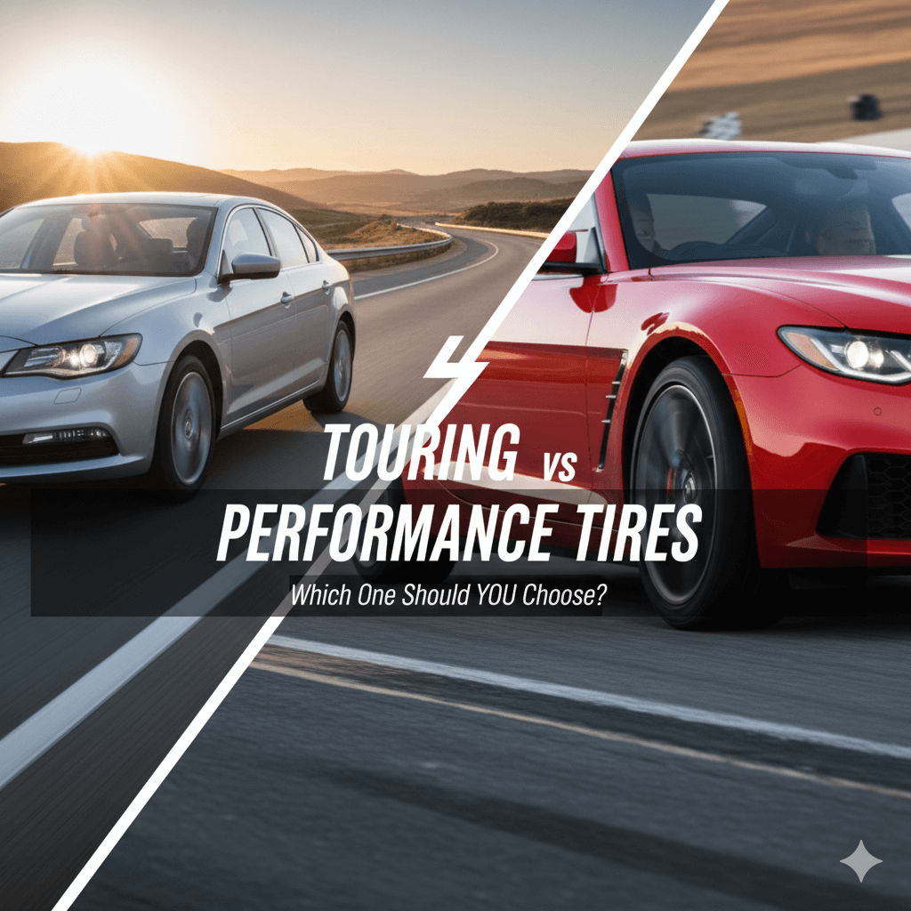 A wide, diagonal split image comparing Touring VS Performance Tires. The left side shows a silver sedan driving smoothly on a scenic highway at sunset (representing comfort and touring). The right side shows a close-up of a red sports car cornering aggressively on a racetrack or winding road (representing speed and performance). The text overlay reads: "TOURING vs PERFORMANCE TIRES: Which One Should YOU Choose?"