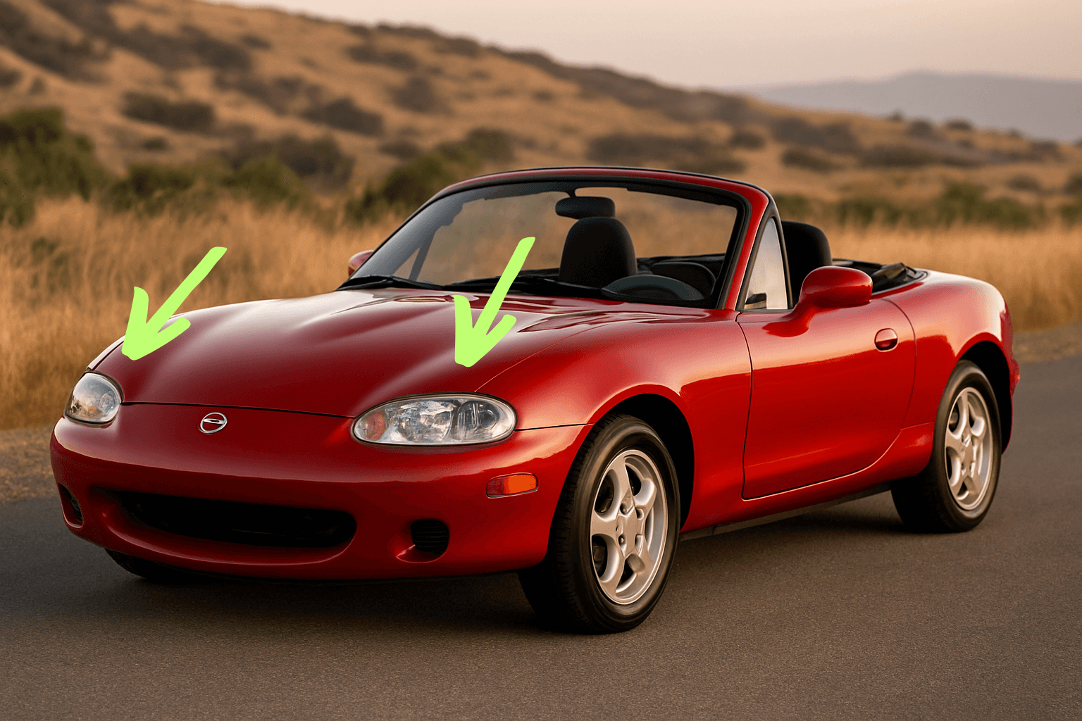 Red second-generation Mazda MX-5 Miata NB parked on a scenic country road at sunset, showcasing its sleek body lines, pop-up headlights removed in later models, and classic alloy wheels.
There are two green arrows pointing to the now static headlights. 