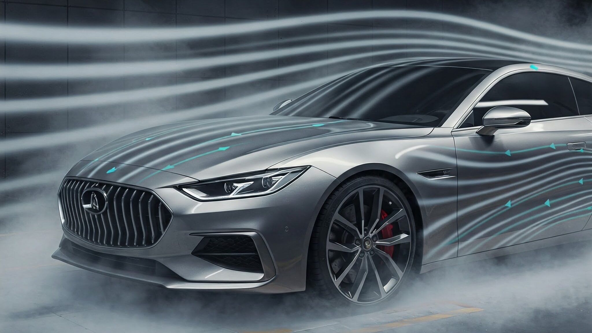A sleek, modern car is positioned inside a wind tunnel, surrounded by a misty vapor that visualizes the airflow. The car's design emphasizes smooth, curved lines that minimize drag, particularly at the front end. Dynamic lines and arrows illustrate the movement of air around the vehicle, highlighting the aerodynamic forces at play. The scene is captured with a wide-angle lens and a shallow depth of field, focusing on the car's aerodynamic features.