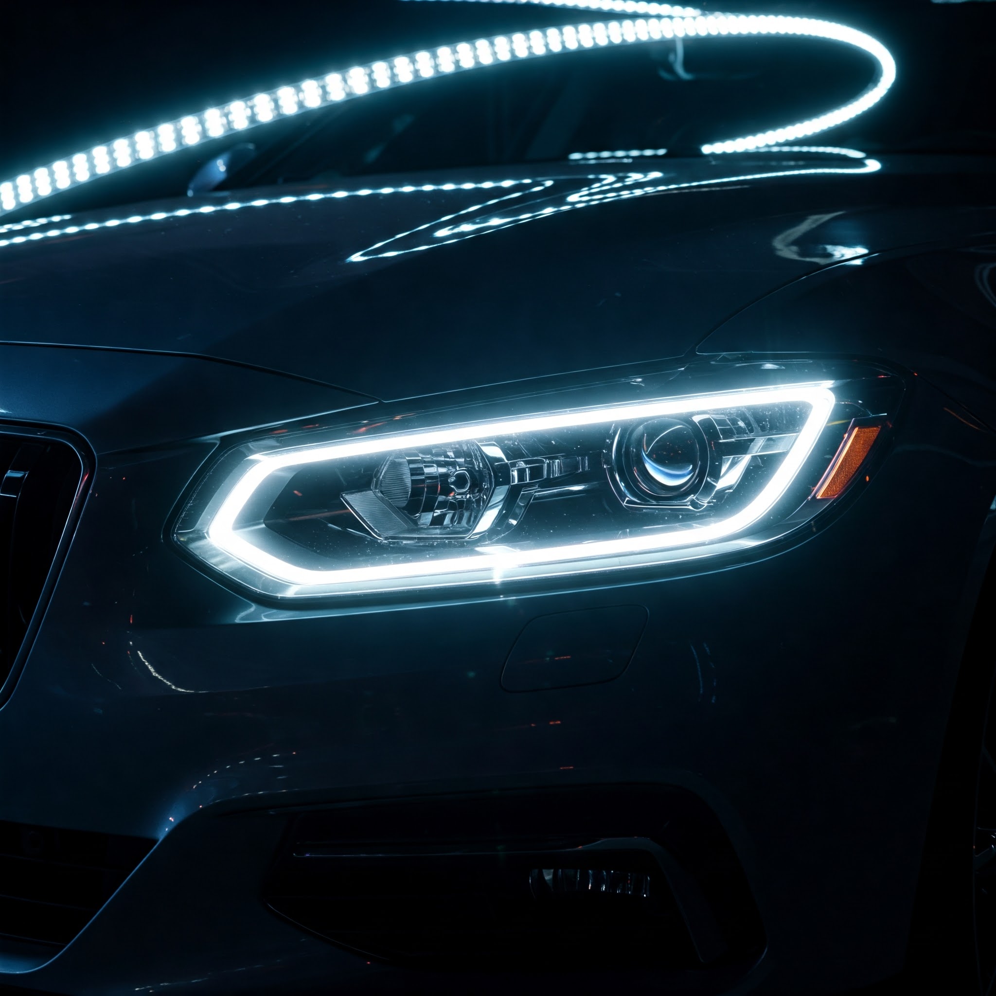 Image of a modern car featuring its advanced LED headlights. The headlights are uniquely shaped, and the lighting is bright and energy-efficient.