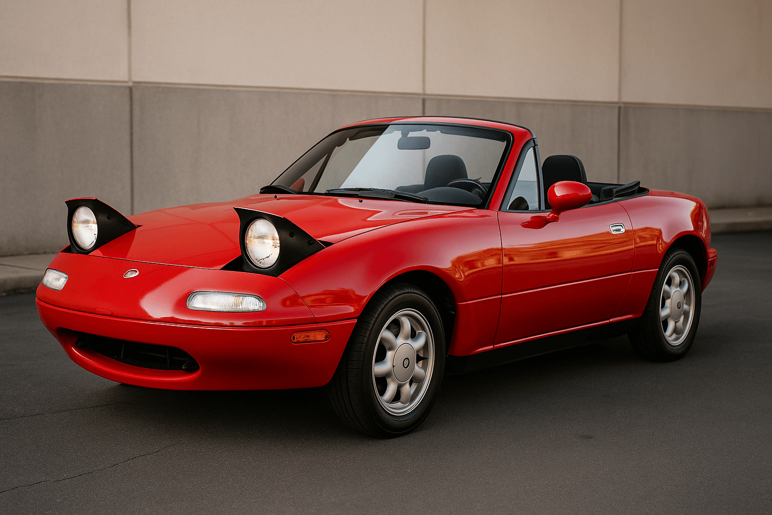 A cute red Mazda Miata (MX-5) from 1990 parked on a road. The headlights are open and the top is down. This image represents the beginning of the history of Mazda Miata. 