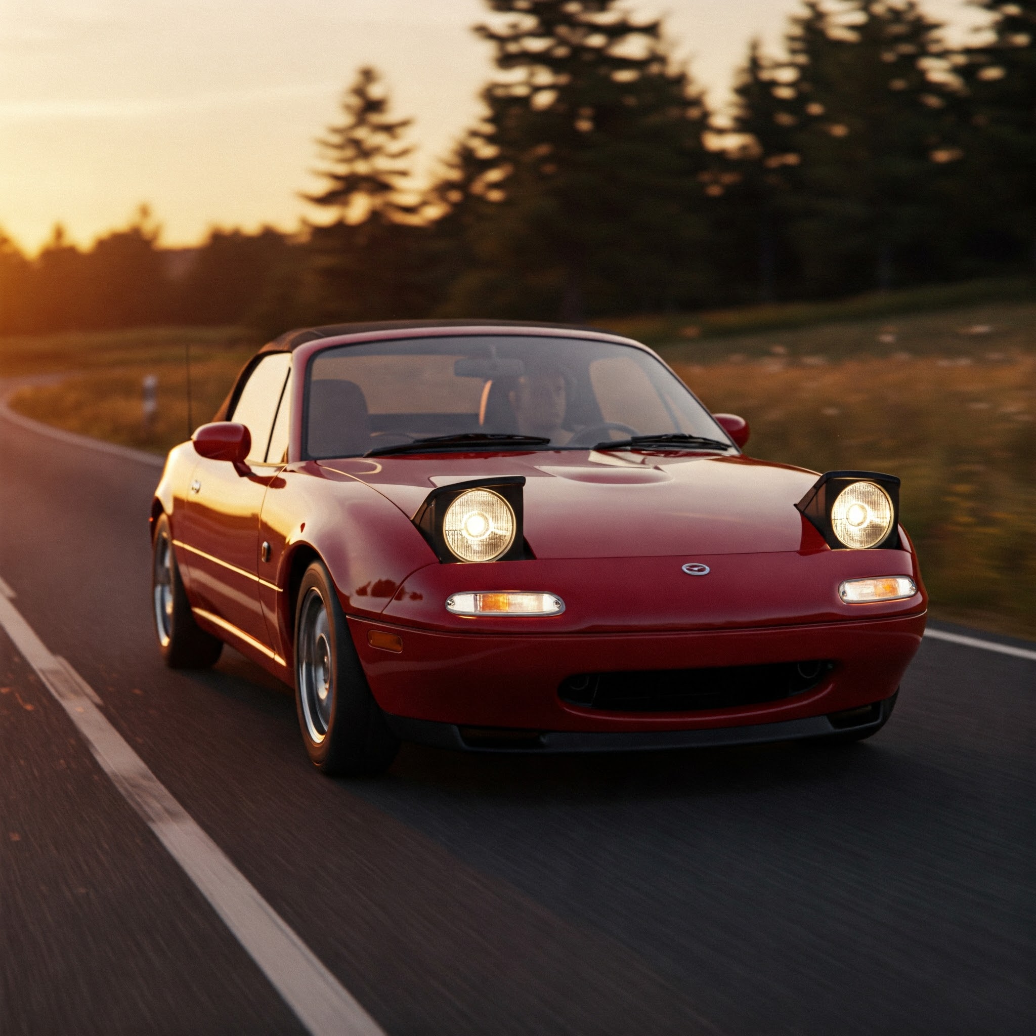 A vibrant red classic Mazda Miata convertible drives along a winding road at sunset, its round pop-up headlights are fully raised and illuminated, casting a warm glow. The scene evokes a sense of nostalgia and the unique charm of retro car design featuring pop-up headlights.