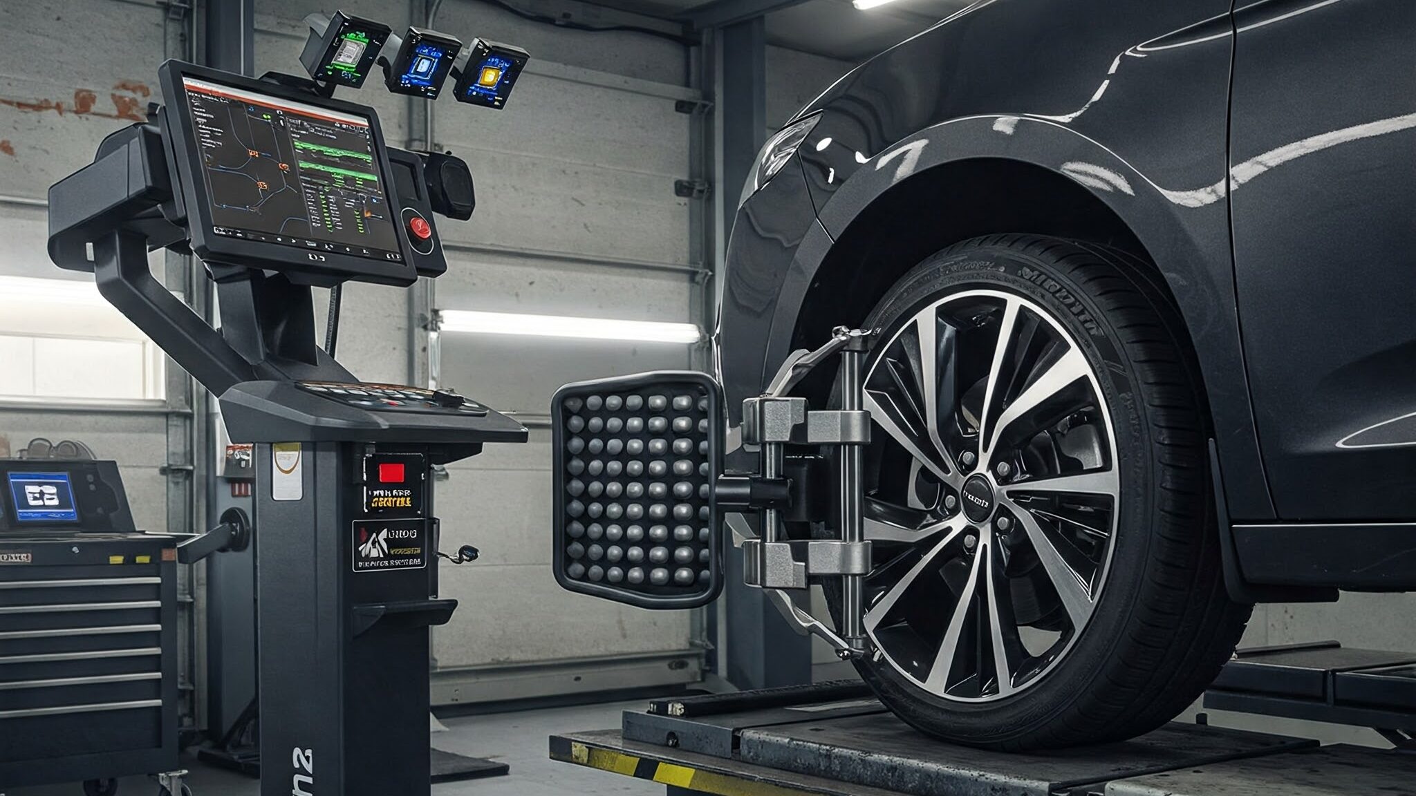 Professional wheel alignment being performed in a modern auto repair shop using advanced 3D alignment equipment. The image shows a dark gray car on a hydraulic lift with sensors attached to the wheels, while a digital alignment machine displays real-time data. Precision tools and a clean garage setting emphasize the importance of accurate wheel alignment for better handling and tire longevity.