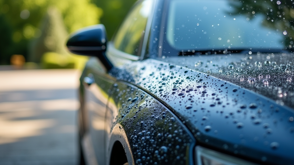 Clean car being washed with water and suds in a driveway, with soap and water glistening under sunlight.