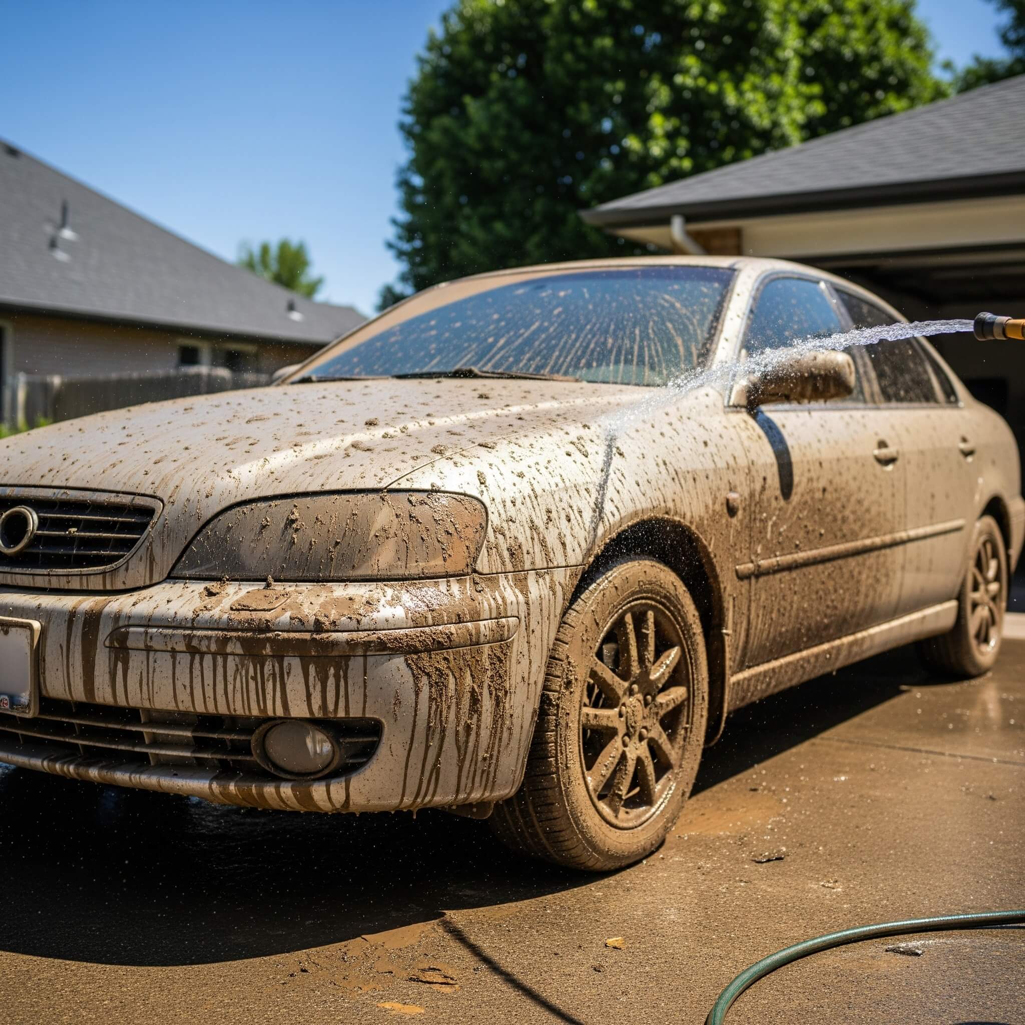 A close-up, realistic photo of a very dirty black sedan covered in thick layers of dried mud and grime. The car's original paint is barely visible beneath the caked-on dirt, especially around the wheels and lower body panels. A coiled green garden hose with a spray nozzle is visible on the ground next to the front bumper, indicating the car is about to be washed. The scene suggests a moment just before a significant cleaning effort begins.
