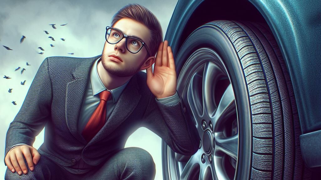 A surreal depiction of a man in a suit and glasses crouching next to a car tire on a road. He holds a briefcase and places one hand to his ear, appearing to listen closely to the tire. The background features a cloudy sky and scattered birds, adding a whimsical atmosphere.