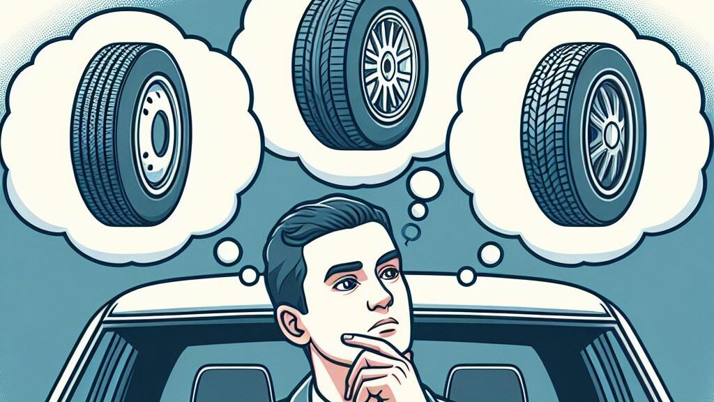 An artistic expression of a person inside his car, thinking. There are three "clouds" over his head, each representing a different idea. There is a different tire inside each cloud. He wants to make the perfect choice between different tires, so the choice may seem difficult. The background is grayish and his car is white. 