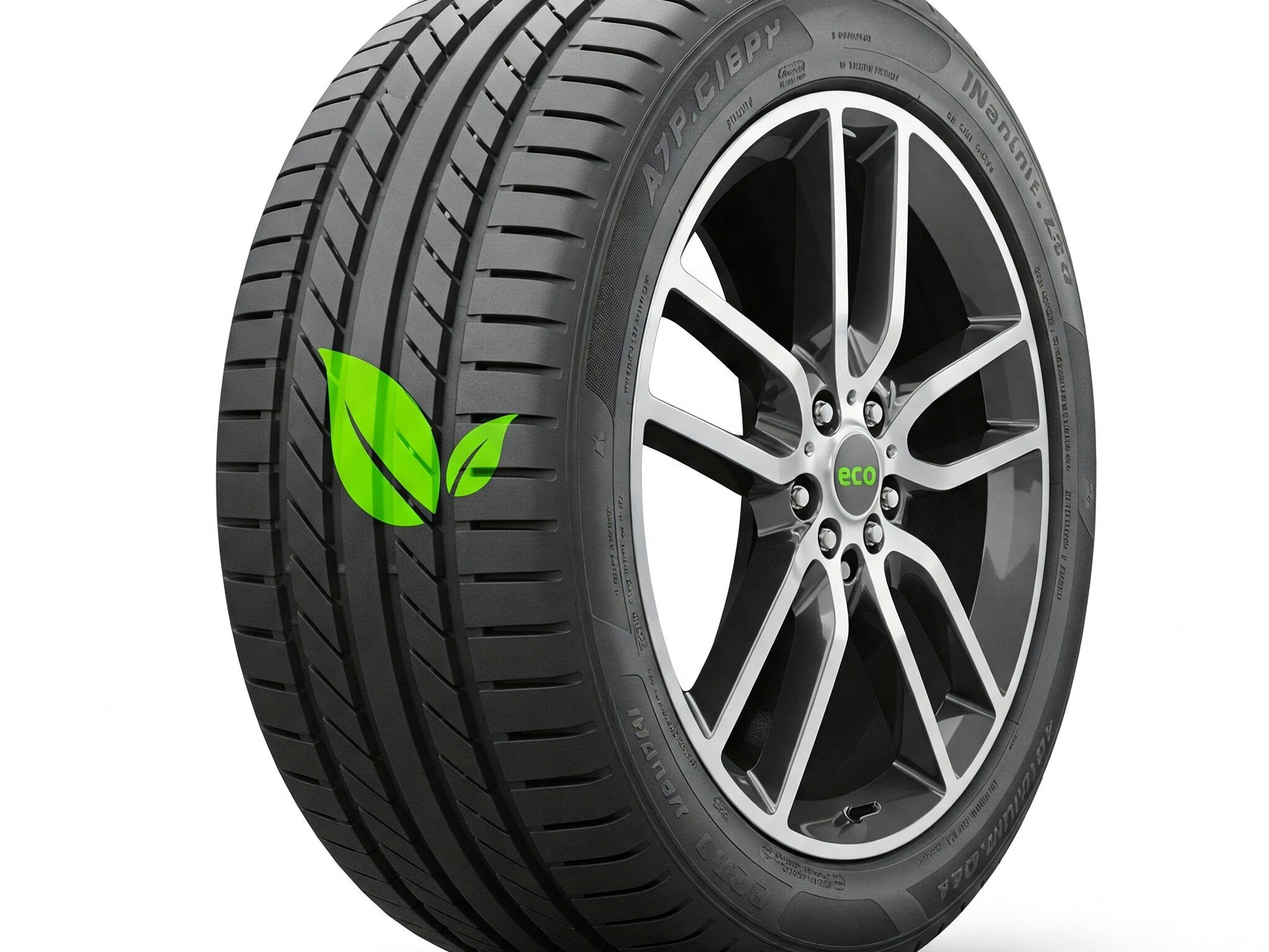 An image of a fuel-efficient tire with a green leaf symbol, emphasizing eco-friendly design, on a clean white background.