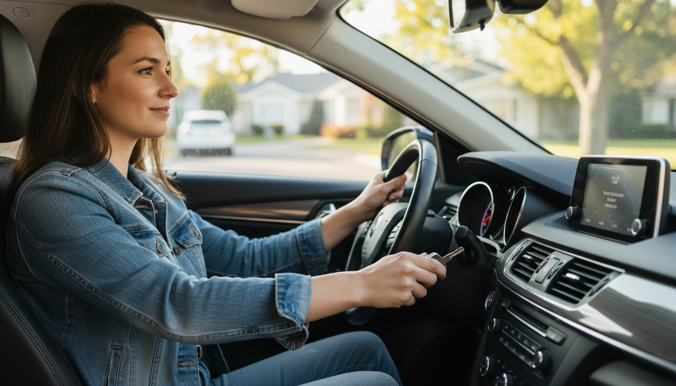 A person in a denim jacket sits in the driver’s seat of a modern car, turning the ignition key to start the engine. The dashboard displays music information, and a suburban neighborhood is visible through the window. This everyday scene illustrates the moment of warming up the engine before driving in typical residential conditions.