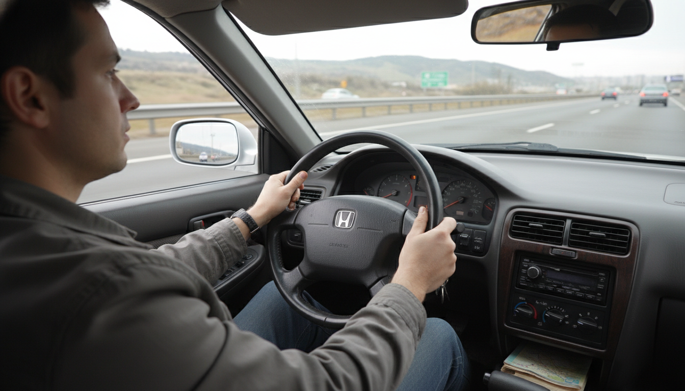 A young man driving his old Honda carefully on the highway with his both hands on the wheel. He is concentrated on the road.